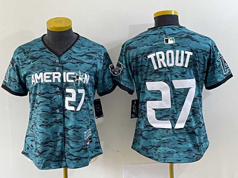 Women%27s Los Angeles Angels #27 Mike Trout Number Teal 2023 All Star Cool Base Stitched Jersey